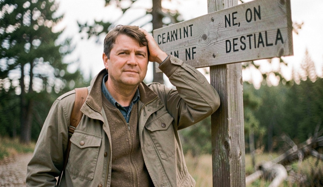 Sketch placeholder of a correspondent leaning on a trail signpost