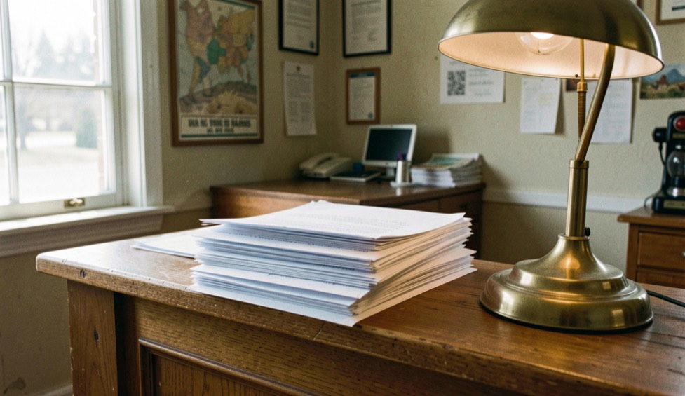 Envelopes resting on a wooden desk