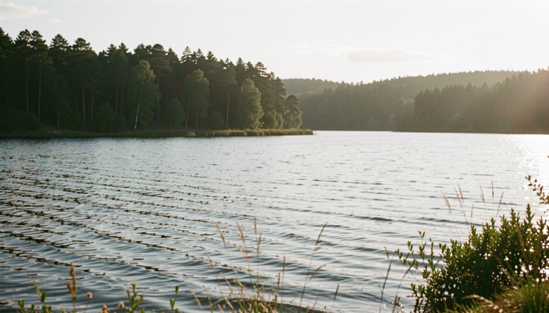 Morning light crossing a wide lake toward wooded shores