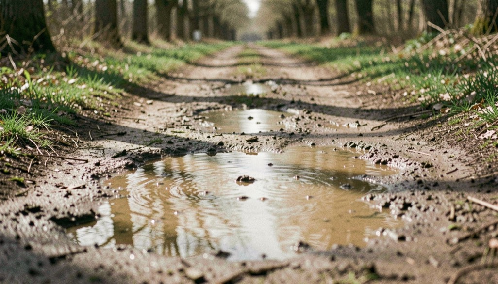 Muddy boot-width puddles across a shaded springtime path