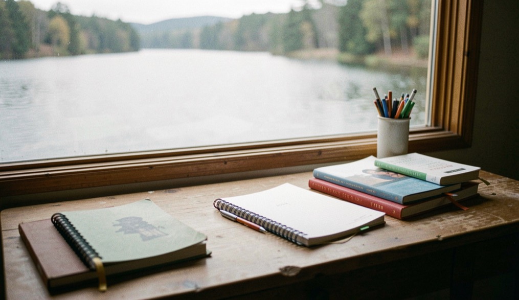 Wooden desk with notebooks beside a lake window
