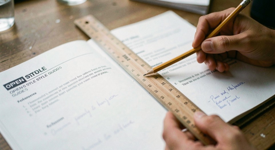Ruler and pencil crossing an open style guide