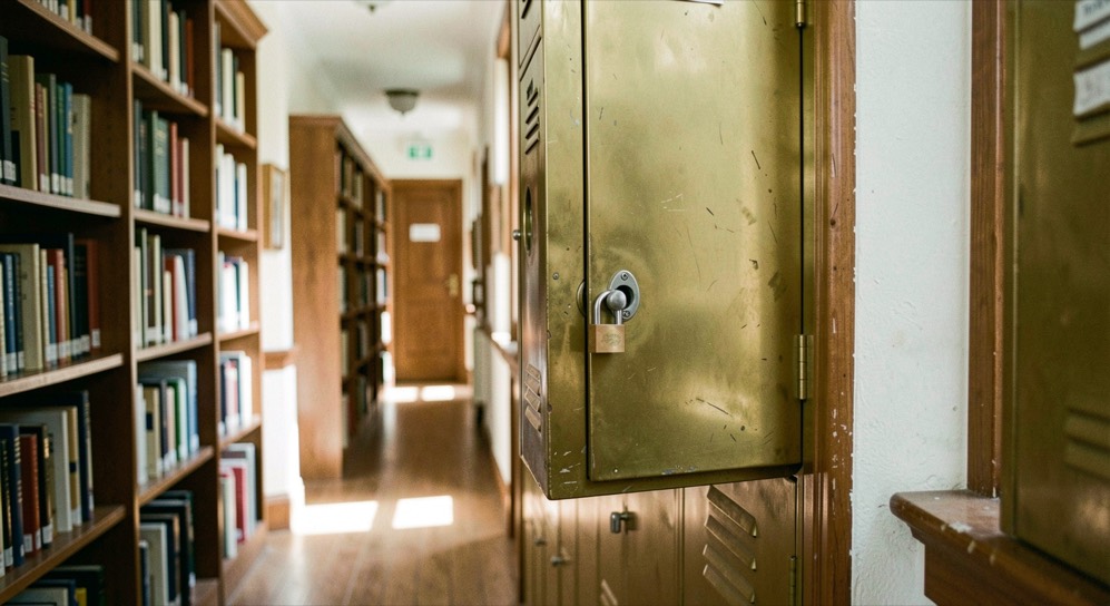 Empty lockbox and papers resting on shelves