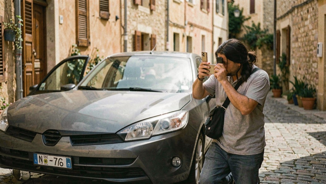 A traveler photographing the front corner of a parked hatchback with a phone on a quiet cobbled street in a Provence town, ochre shutters and deep midday shade behind