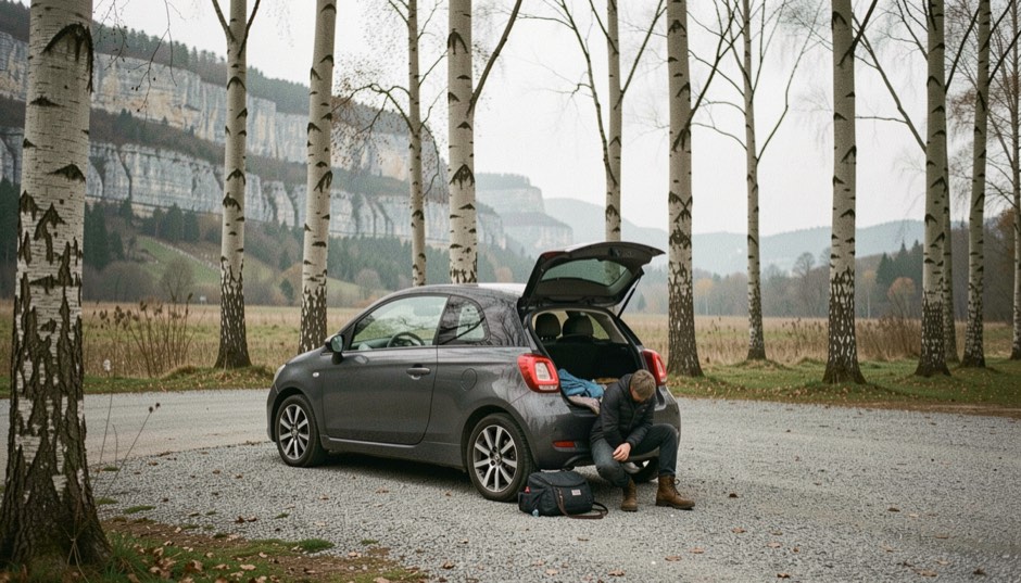 A compact car parked at the edge of a gravel lot under tall beech trees at the foot of a long limestone ridge, a hiker lacing boots beside the open boot, early morning