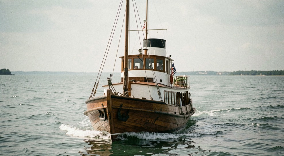 Stern of a vintage paddle vessel crossing open water