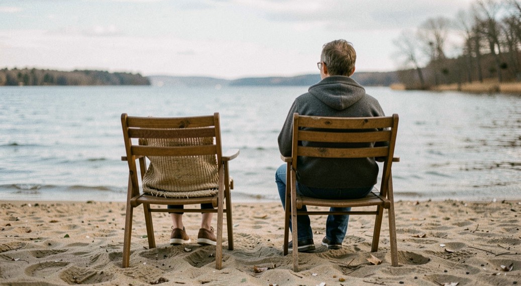 Two chairs facing an empty lake beach in shoulder season
