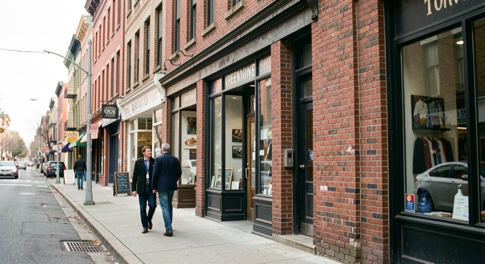 Brick storefronts along a small city main street