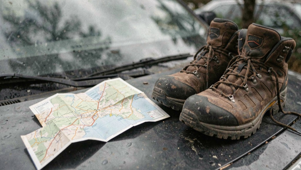 Folded paper map beside hiking boots on a car hood