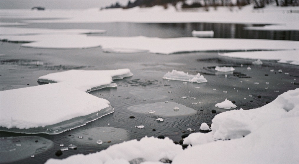 Snow shore meeting gray ice with open water beyond
